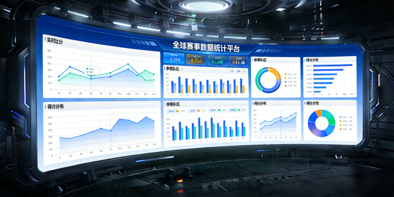 全球赛事数据统计平台展示大屏幕，显示实时比赛数据图表